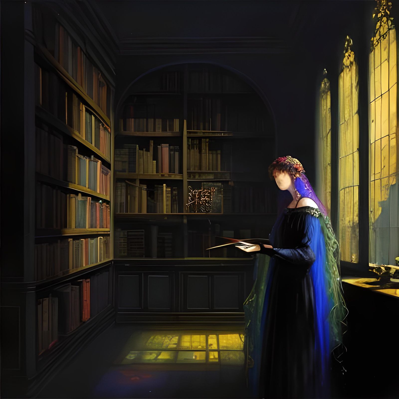 Gothic Bookshelf Art in Dreamcore Auroracore Style