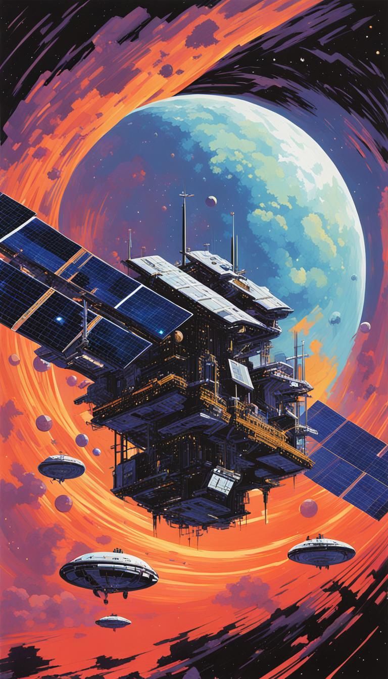 Space Station Among Nebulae in Digital Painting Style