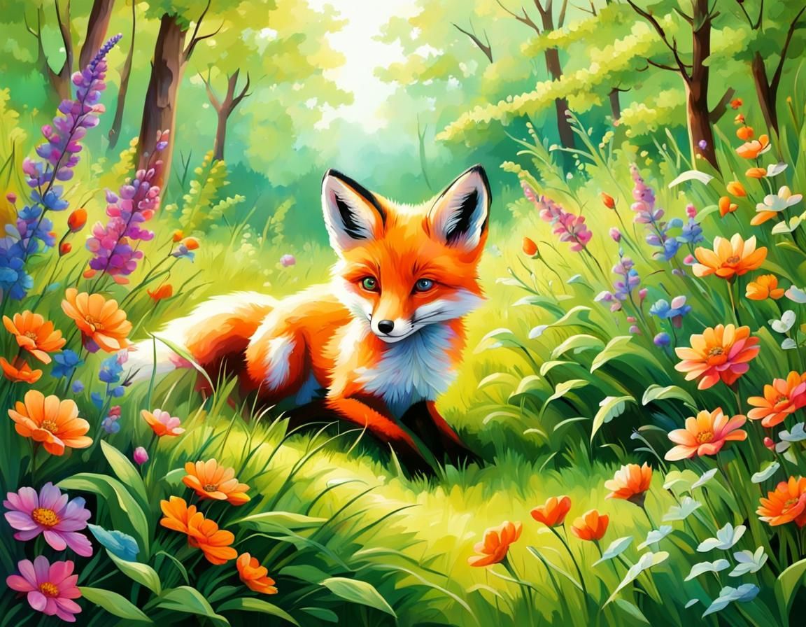 Fox Family Playing in Summer Forest: Iridescent Art