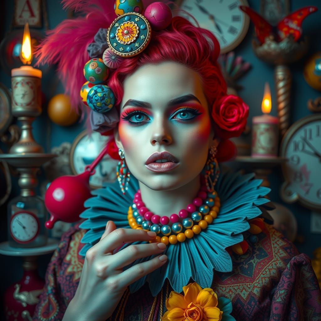 Vibrant Editorial Portrait with Symbolic Objects