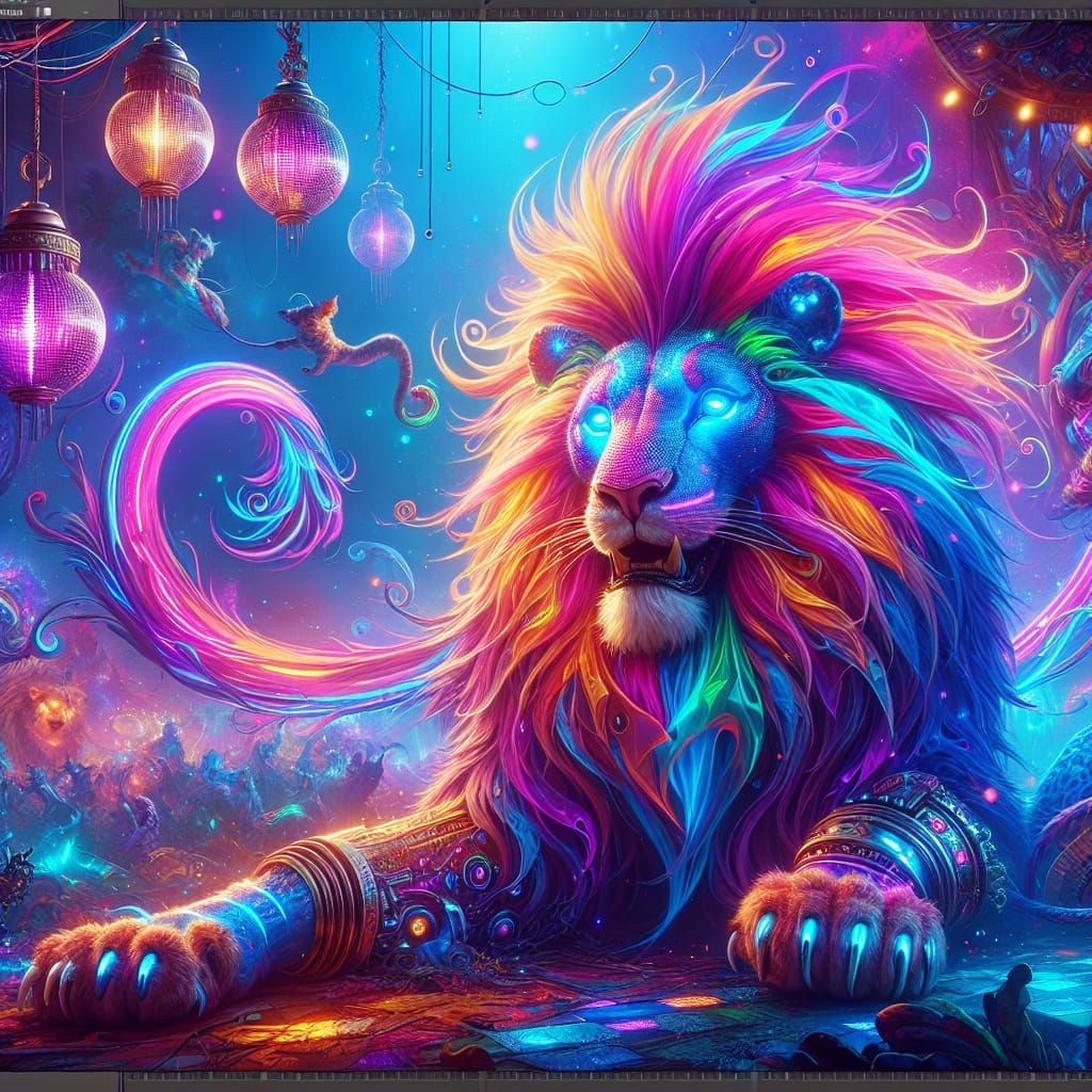 Neon Lion King in Fantastical Disco Setting