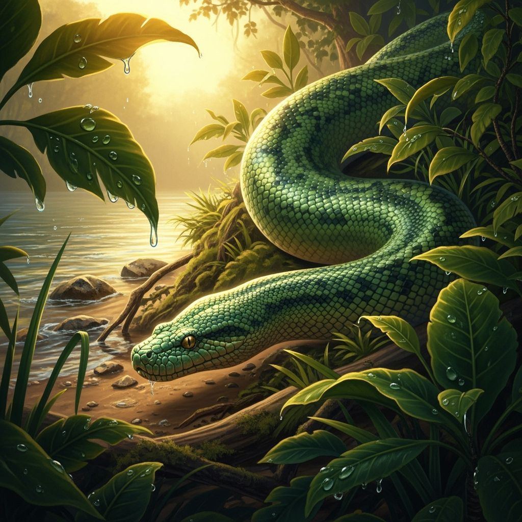 Gigantic Emerald Anaconda Slithers Down Sun-Dappled River Ba...
