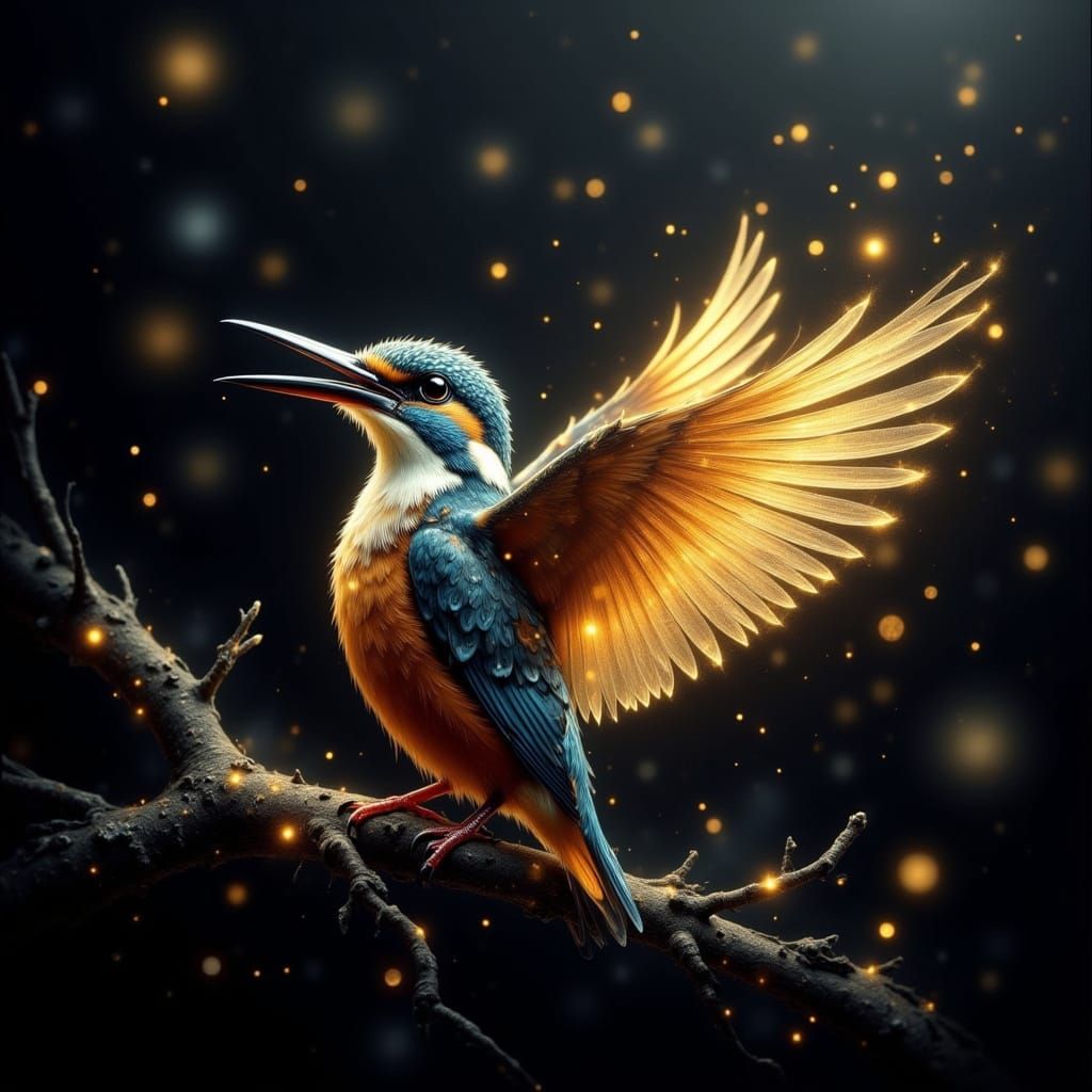 "Im Glanz der Nacht: Der Eisvogel, ein majestätisches Licht im dunklen Sternenhimmel."