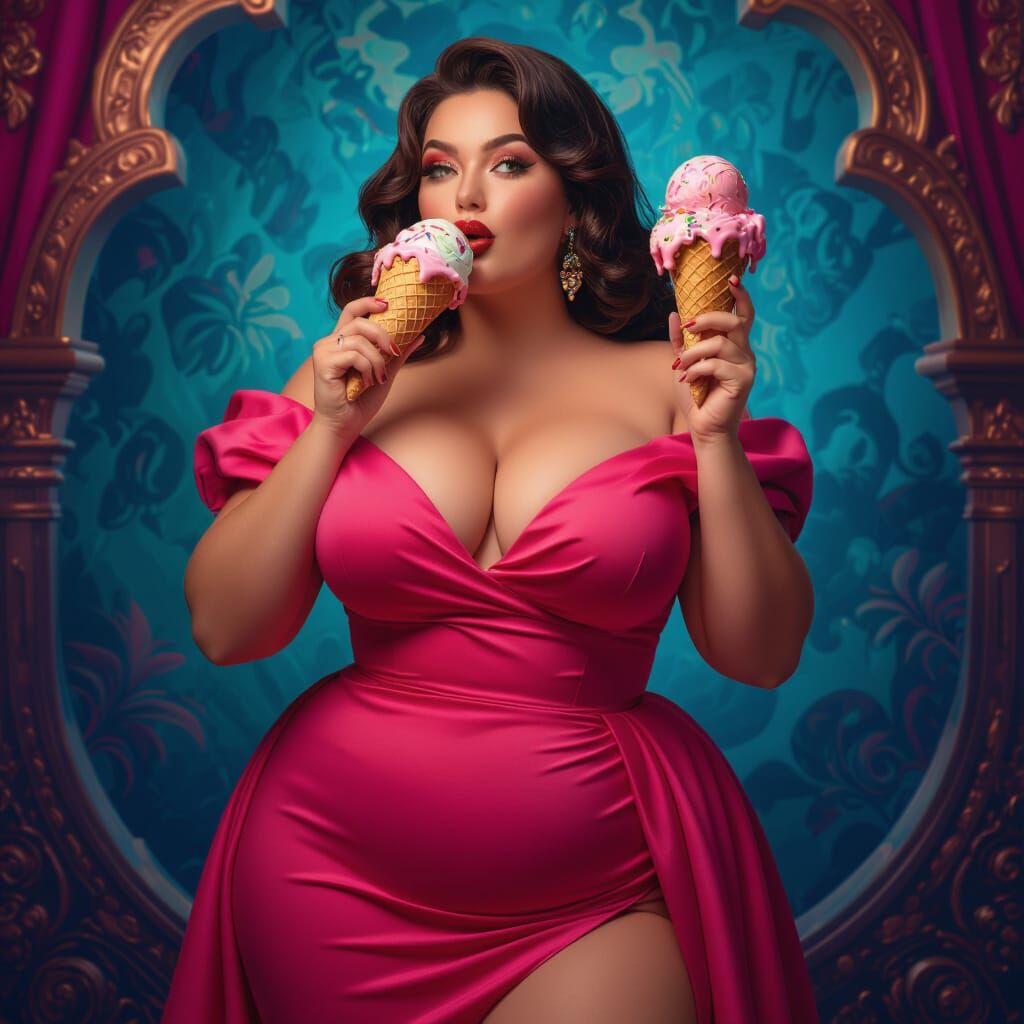 Voluptuous Woman Enjoys Ice Cream in Matte Painting Style