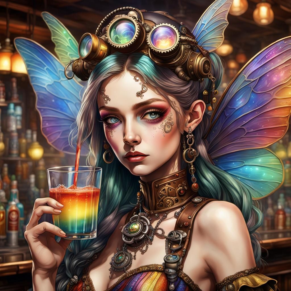 Steampunk Fairy Sipping Rainbow Drink, Hyperrealistic Art