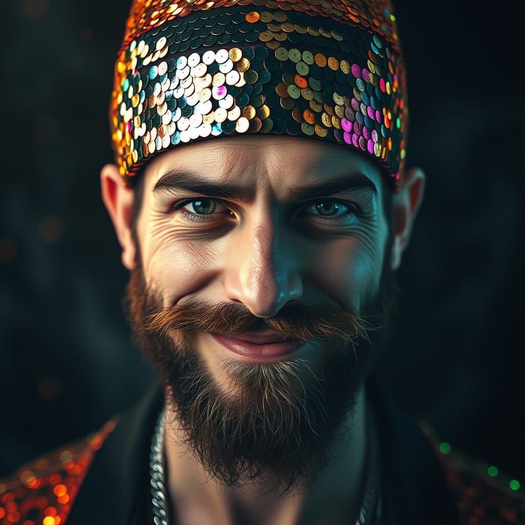 Man in Fluorescent Sequin Hat, Macro Shot