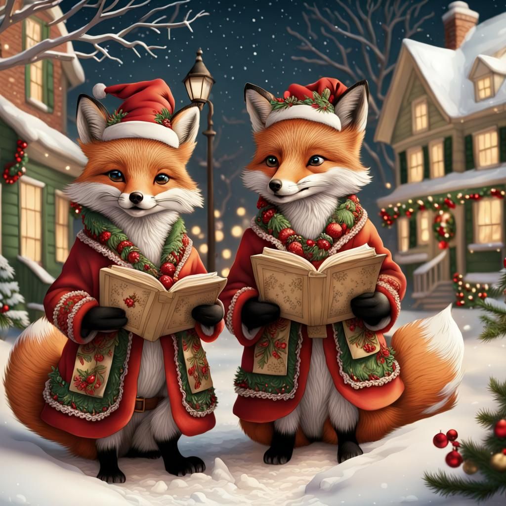 Foxes Caroling in a Christmas Scene