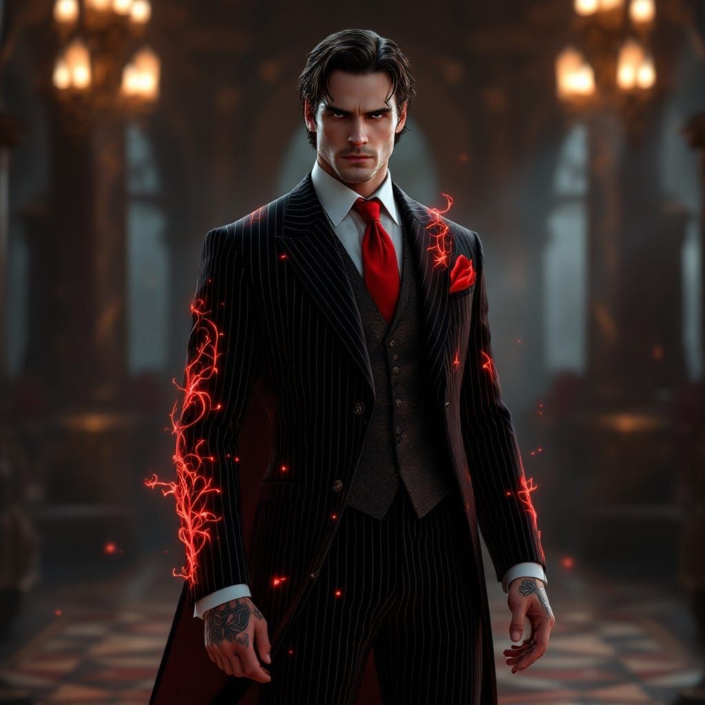 Chiseled Bruce Wayne in Elegant Black Pin-Striped Attire