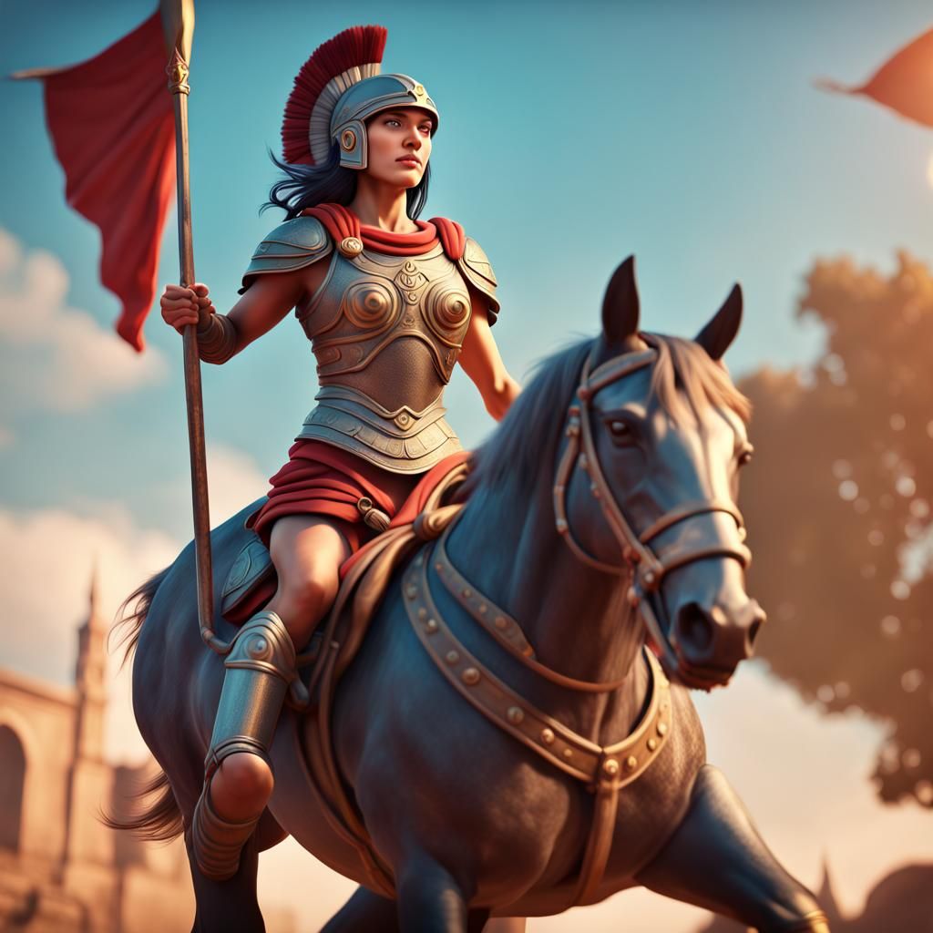 Female Roman Warrior on Horseback: 3D Digital Art