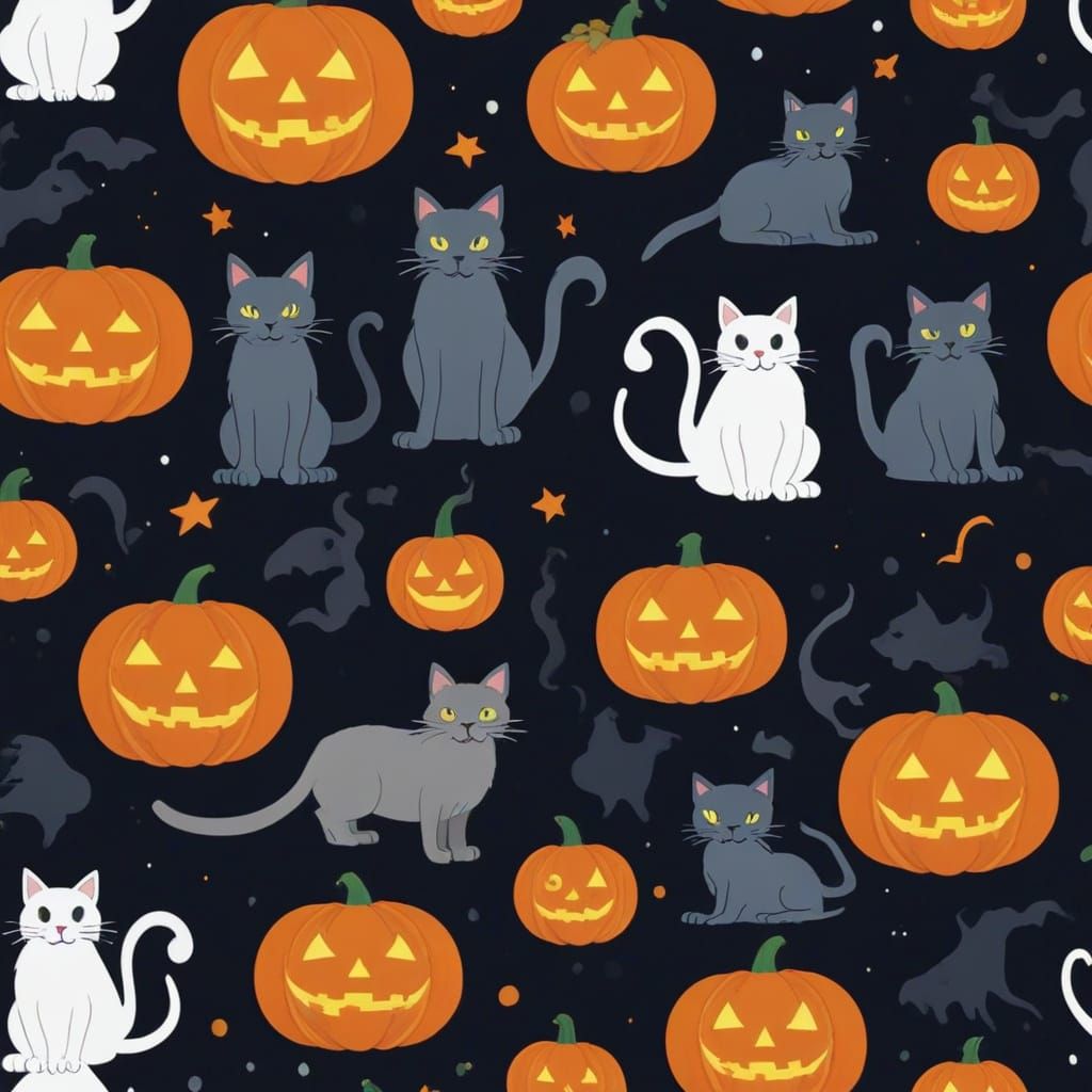 Halloween Cat Women Lighting Full Moon with Ghosts and Monst...