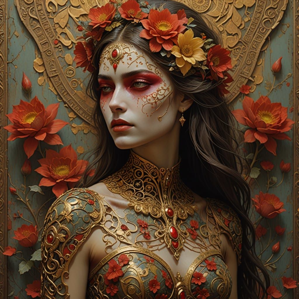 Woman Body Painted to Match Antique Wall