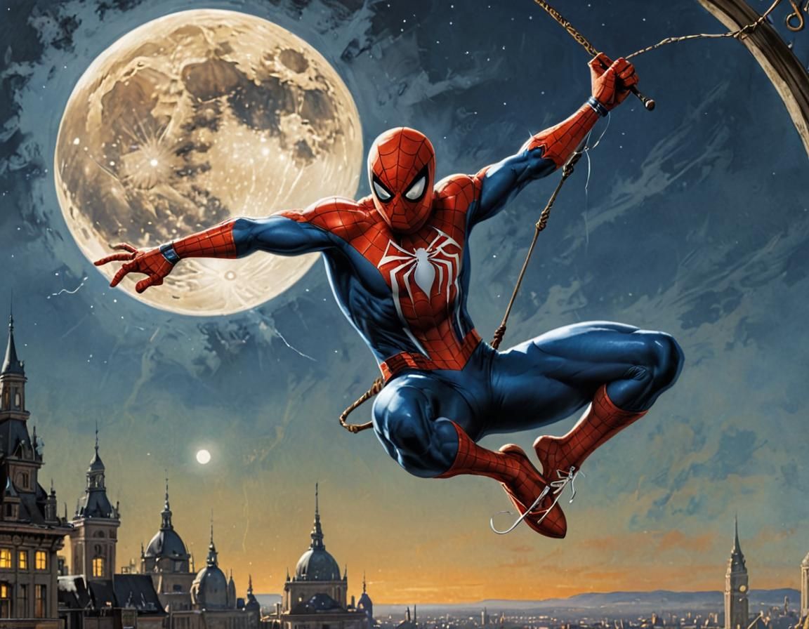 Spider-Man Swings Under the Moon: Digital Painting
