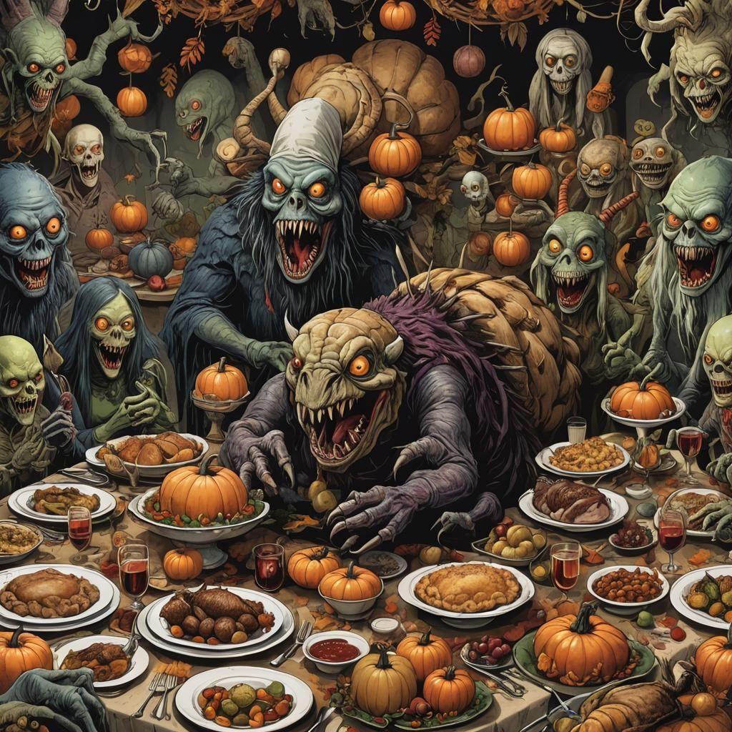 Creepy Monsters Celebrate Thanksgiving Dinner