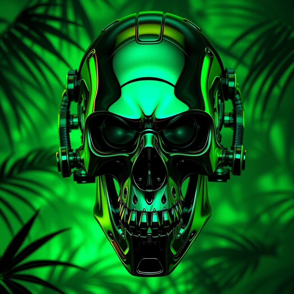 Cyberpunk Military Robot Skull on Emerald Green Background