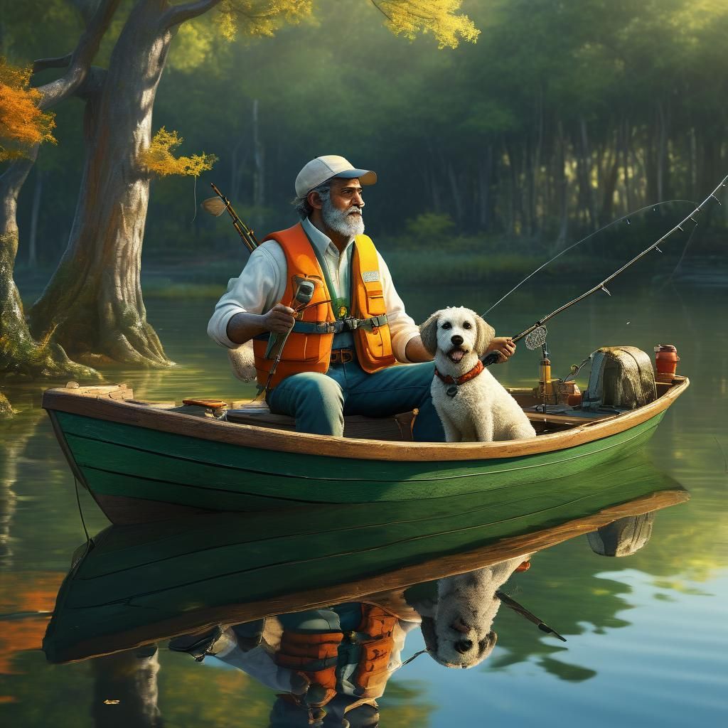 Man Fishing with Dog in Boat: Fantasy Art