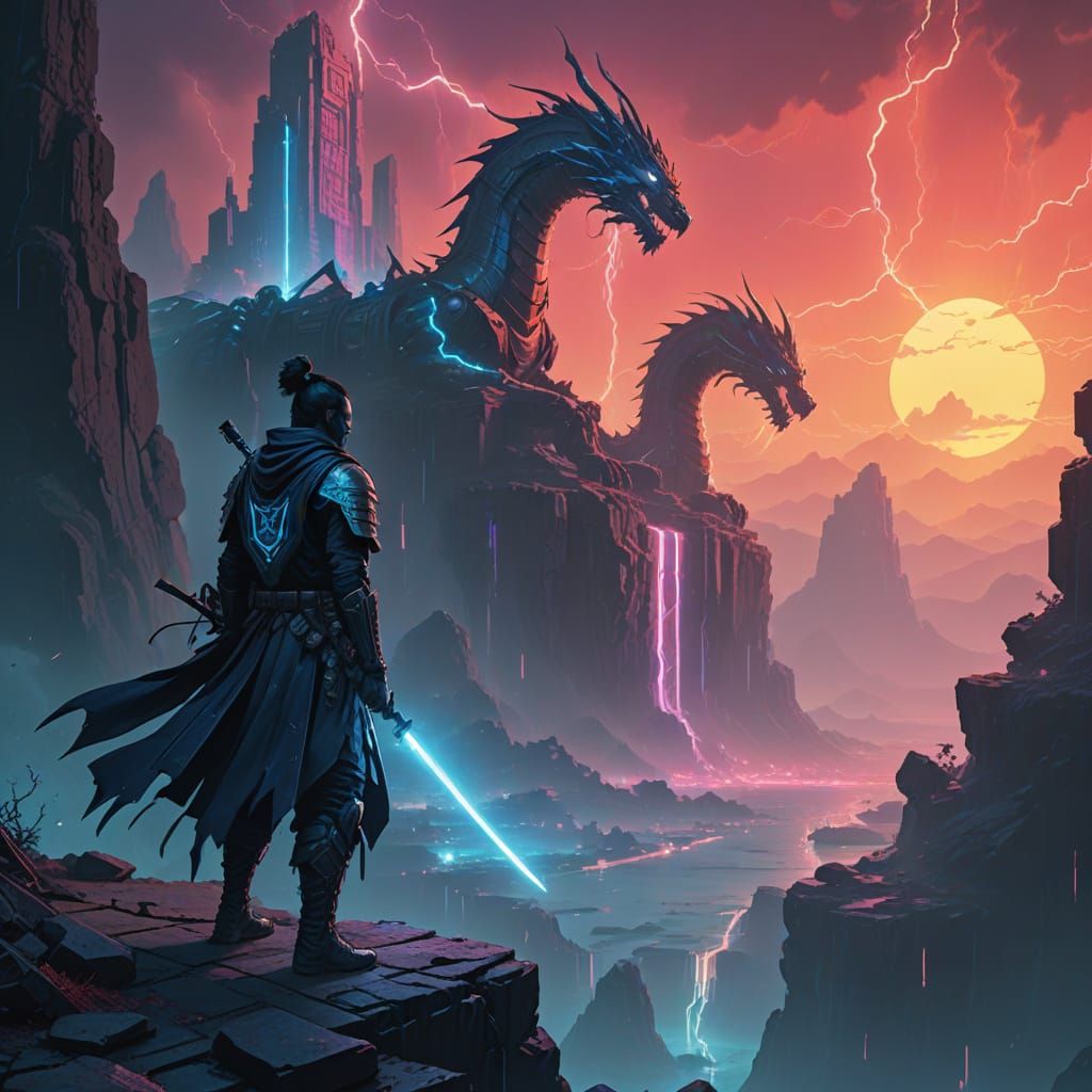 Cyberpunk Samurai Stands Against Legion of Cyber-Warriors