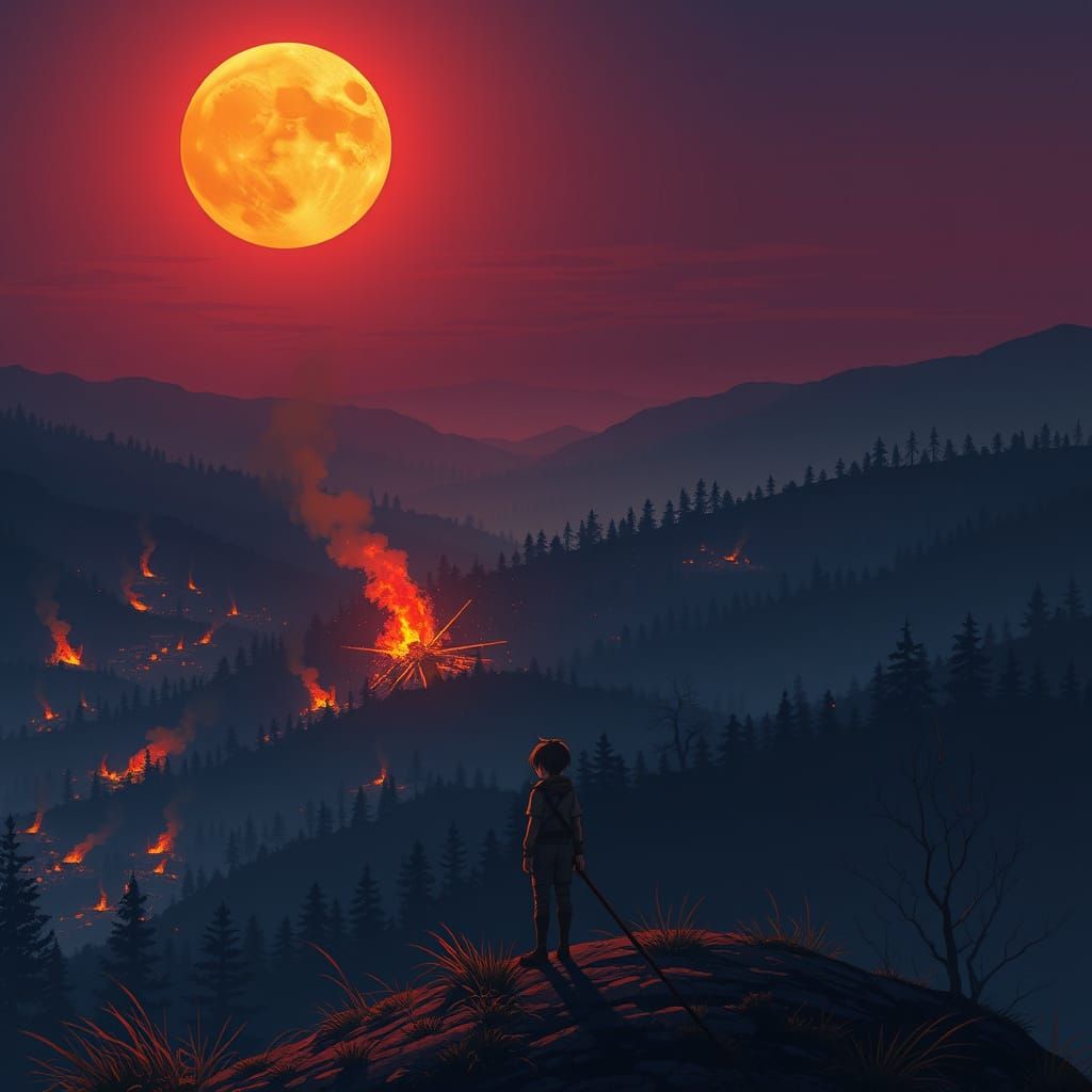 Boy Gazes at Burning Village in Manga Style