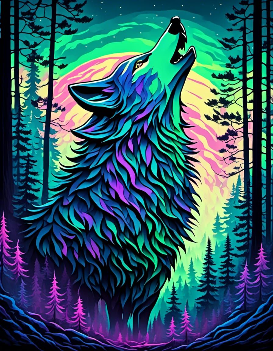 Blacklight Wolf Howling in Pines - Vivid Art