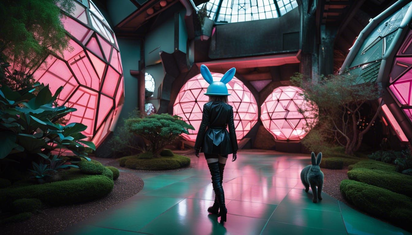 Cyberpunk Woman in Neo-Classical Hallway, Dynamic Lighting