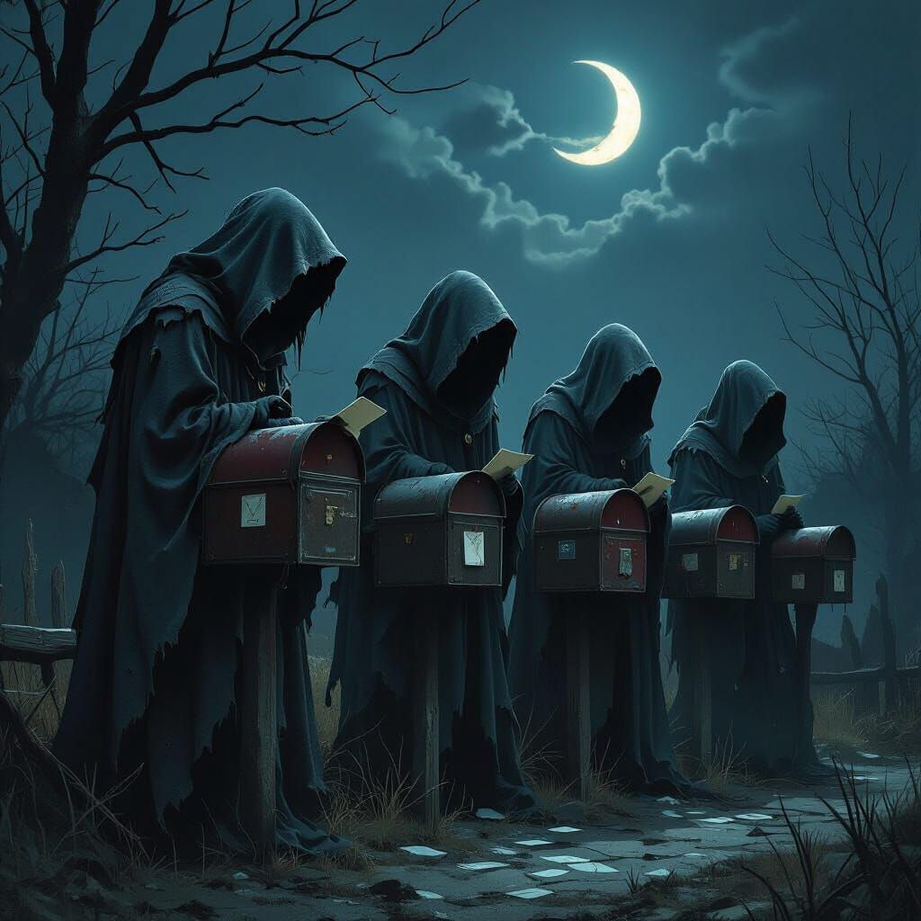 Ghostly Figures Posting Cards on Dark Night in Digital Paint...