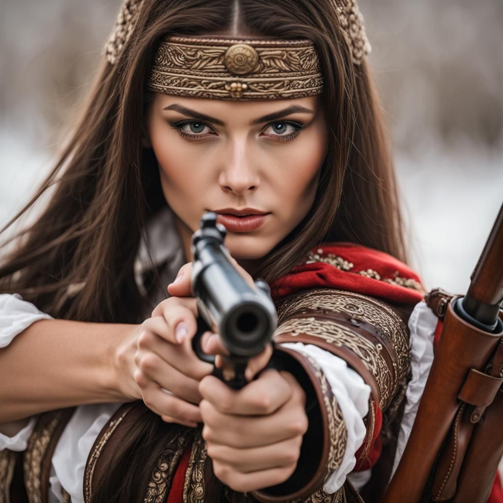 Brunette in Serbian Dress Aims Holster
