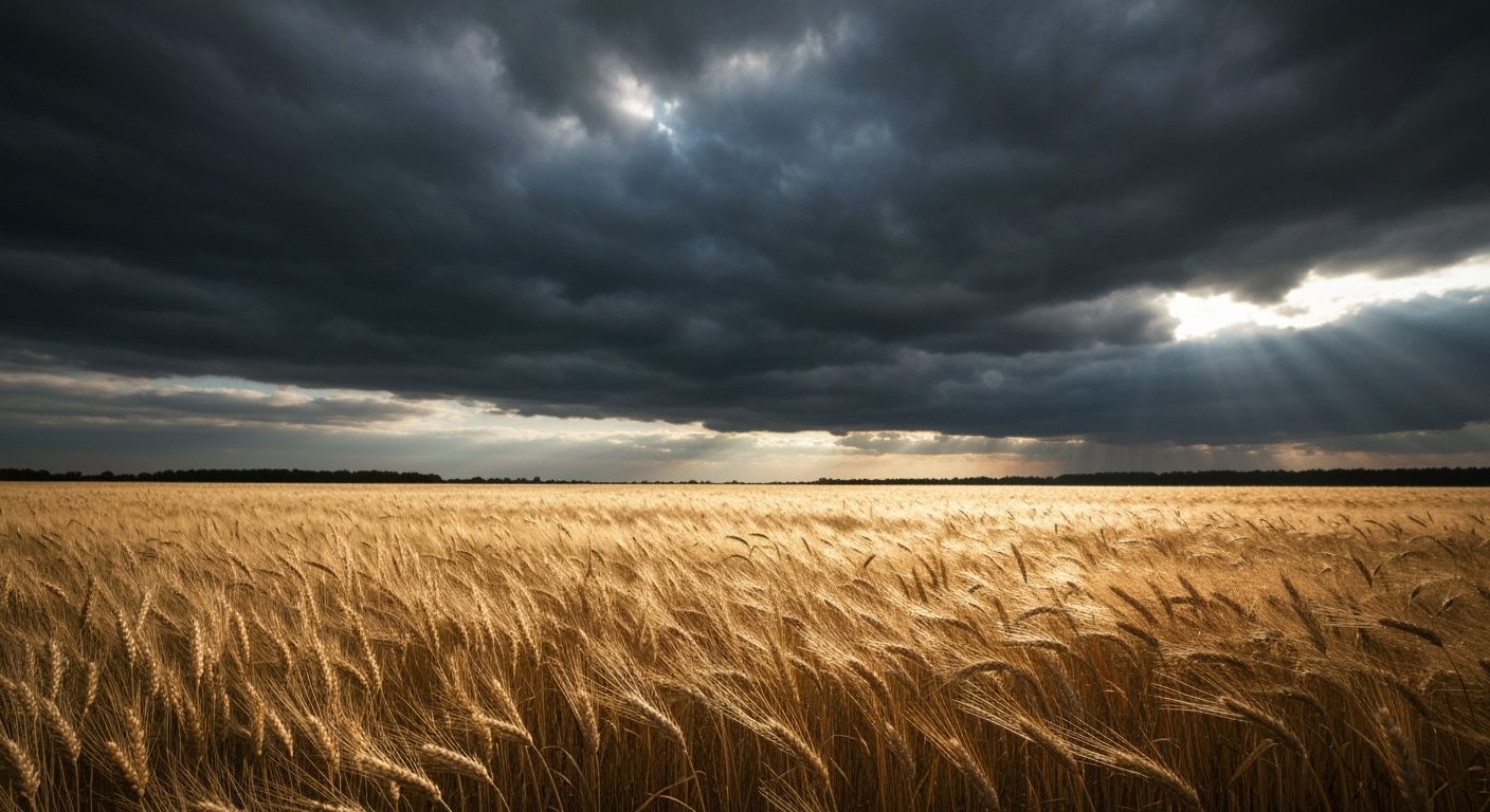 Golden Wheat Field Under Stormy Sky, Impasto Landscape