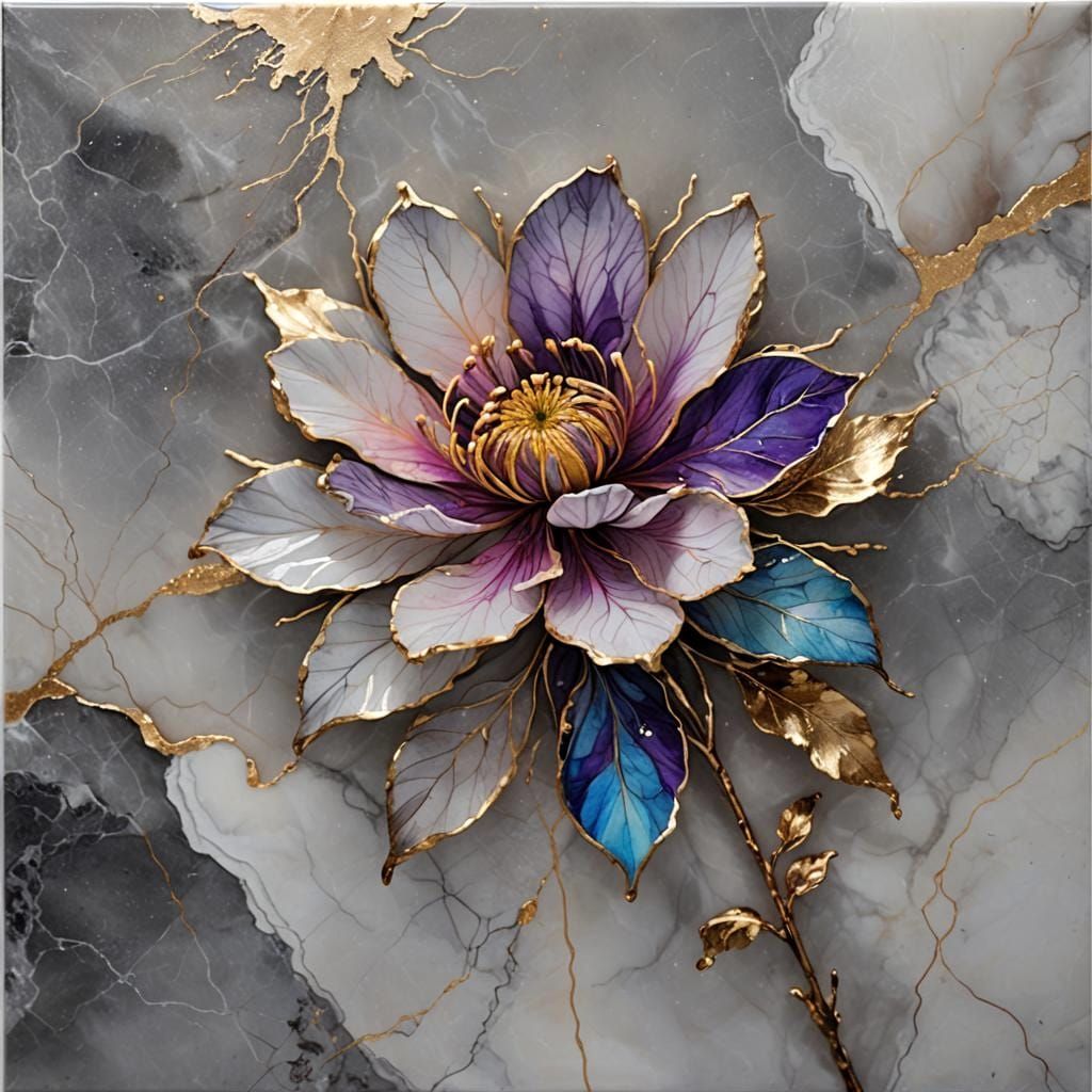 Vivid Alcohol Ink Flowers on Gray Marble