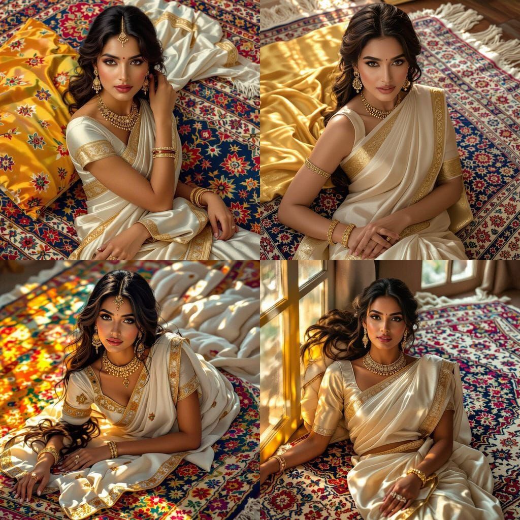 Woman in White Saree on Oriental Rug on Bed