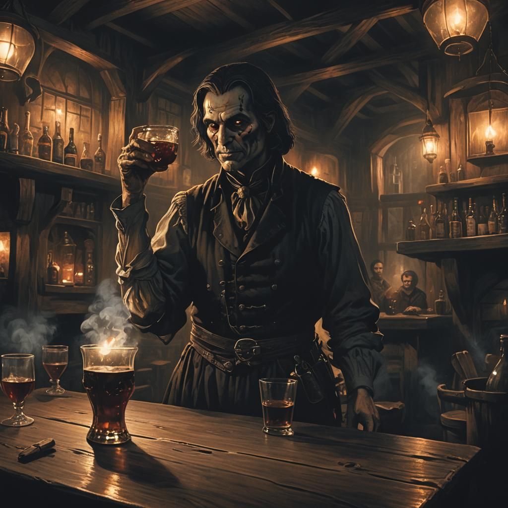 Dark Fantasy Tavern Scene with Glowing Glass