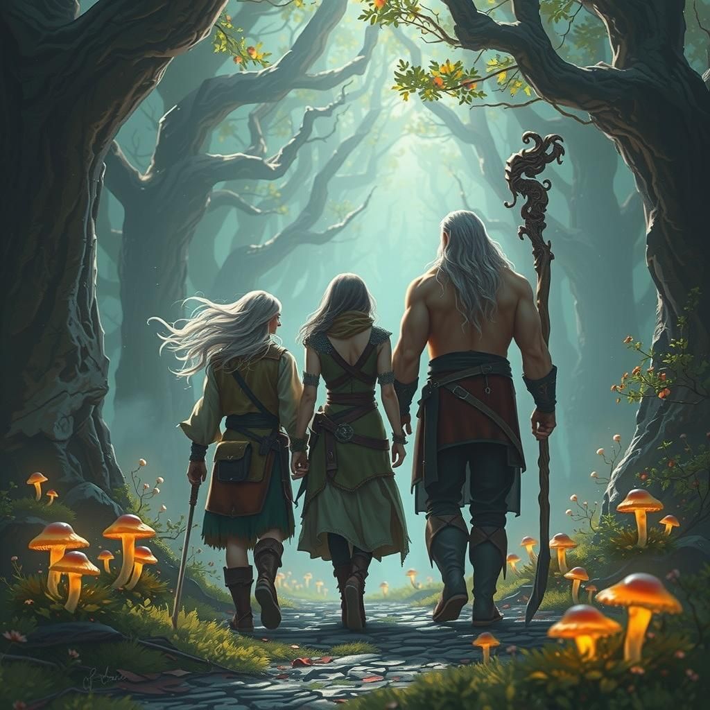 Adventurers in Mystical Forest at Sunset