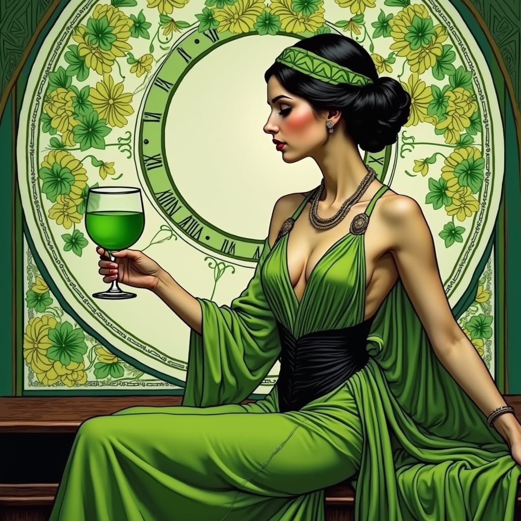Belle Epoque Woman in Peridot Gown with Absinthe