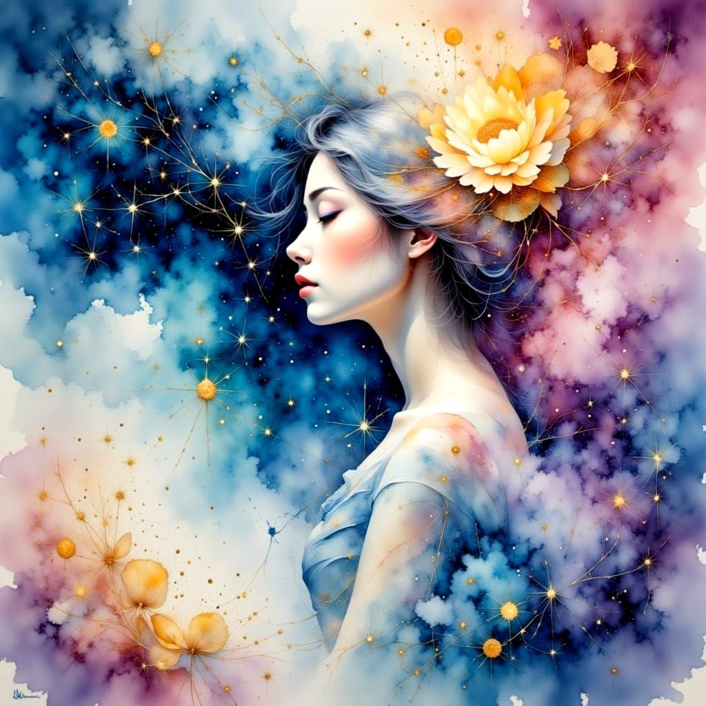 Ethereal Watercolor Dreamscape in Blue and Gold
