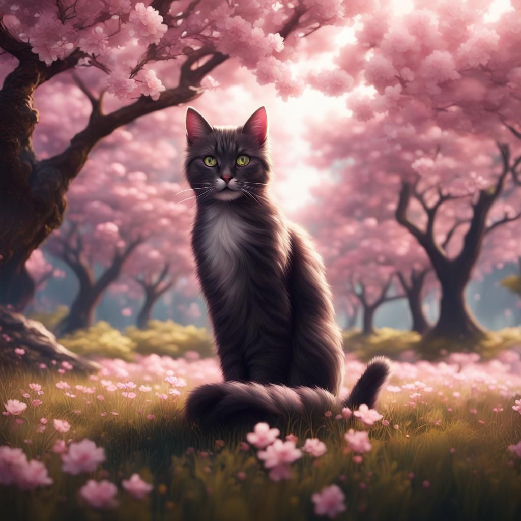 Cat in Cherry Blossom Field: Fantasy Concept Art
