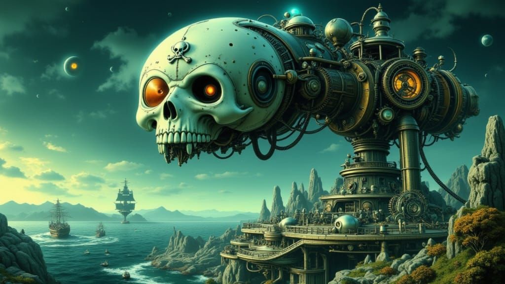 Steampunk Pirate Ship in Futuristic Sky