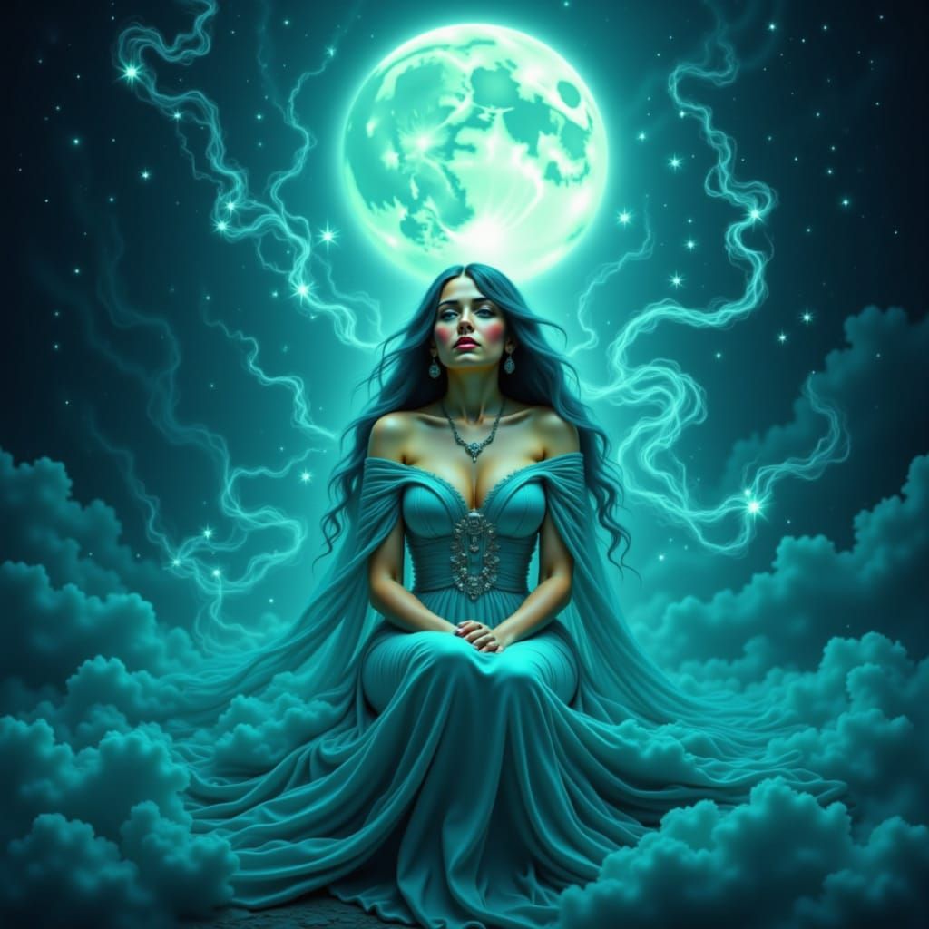 Goddess of Night on Star Throne in Ethereal Turquoise
