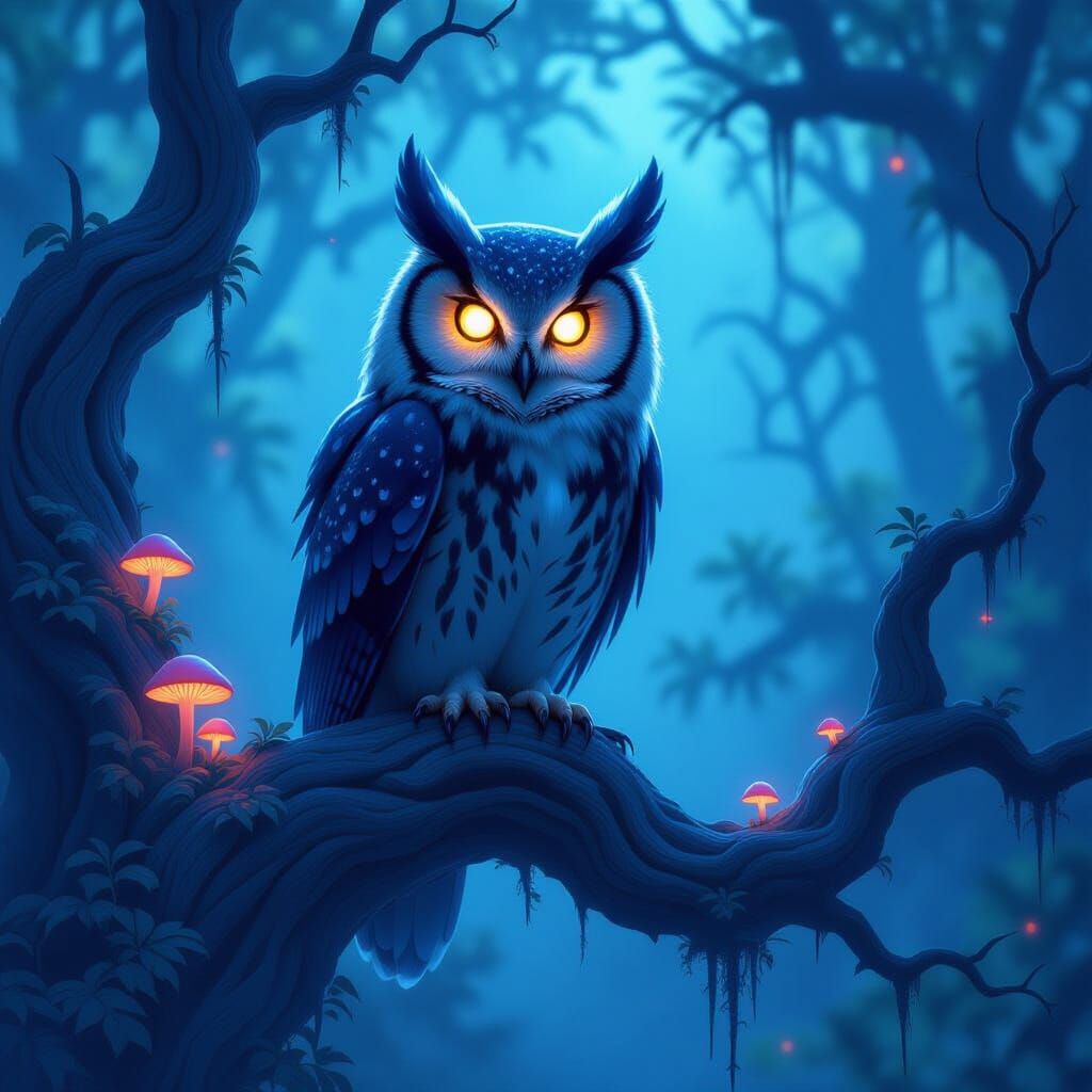 Spectral Owl on Ancient Branch in Ethereal Forest
