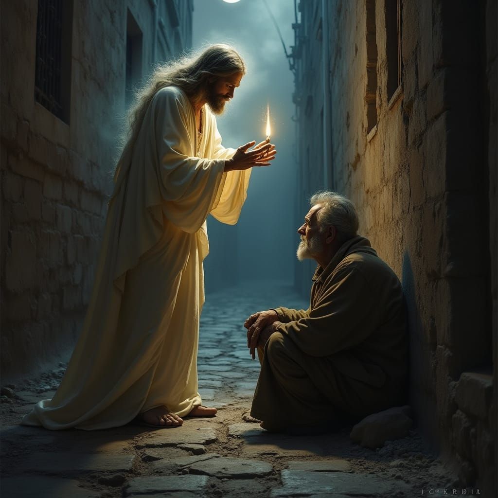 Ghostly Jesus Blesses Homeless Man in Dark Alley