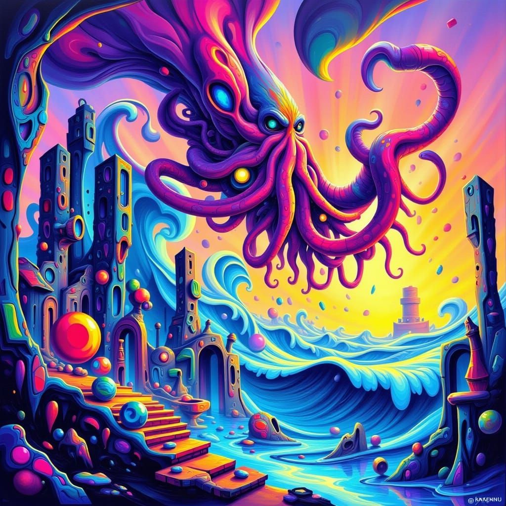 Cthulhu Emerges from Ocean in Vibrant Cartoon Style
