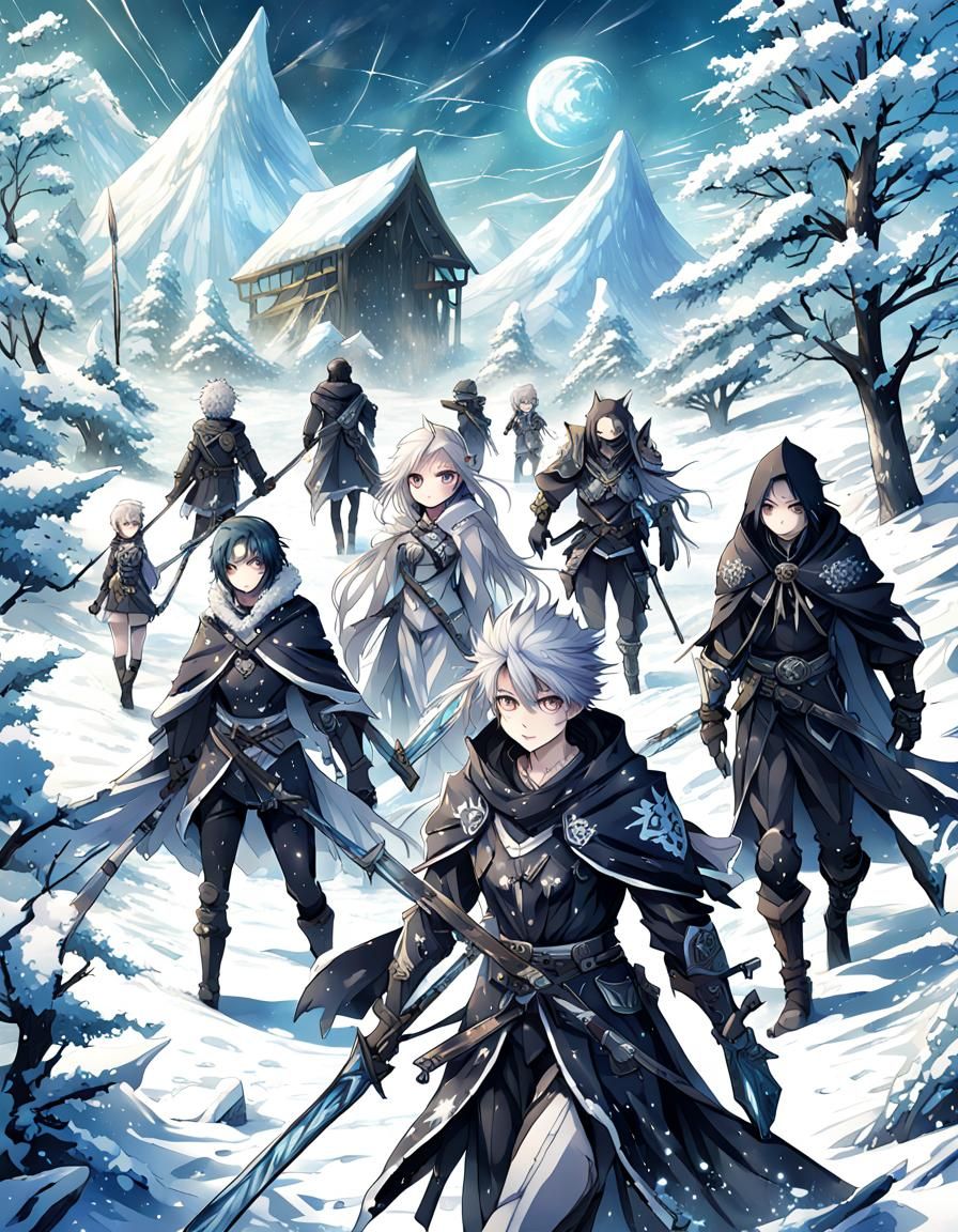 Lithe, angular fey hunters with icy tattoos, dark cloaks, and predatory weapons—obsidian blade, ice spear, and bone bow,...