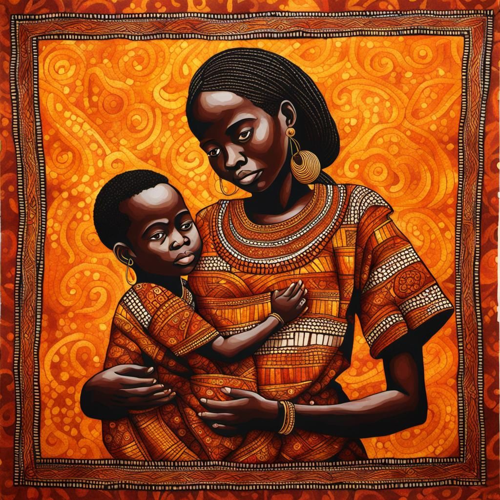 West African Batik Design of Mother and Child