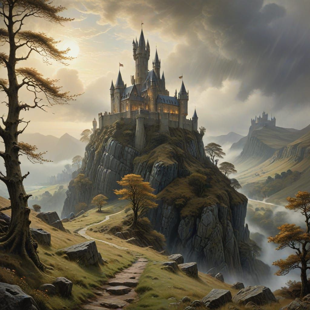 Dreamlike Camelot Castle in a Vibrant Landscape