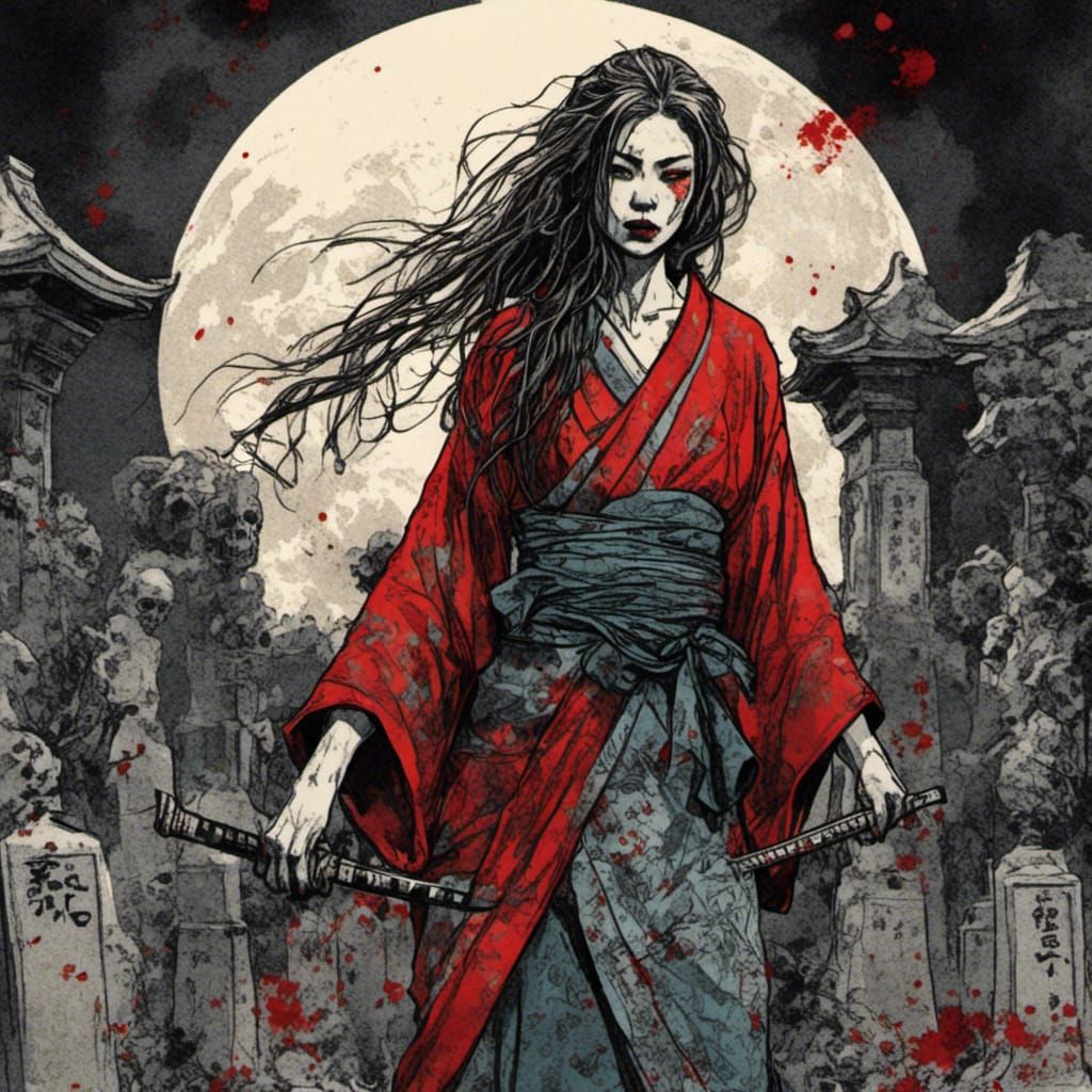 Zombie Girl with Katana in Gothic Ukiyo-e Style