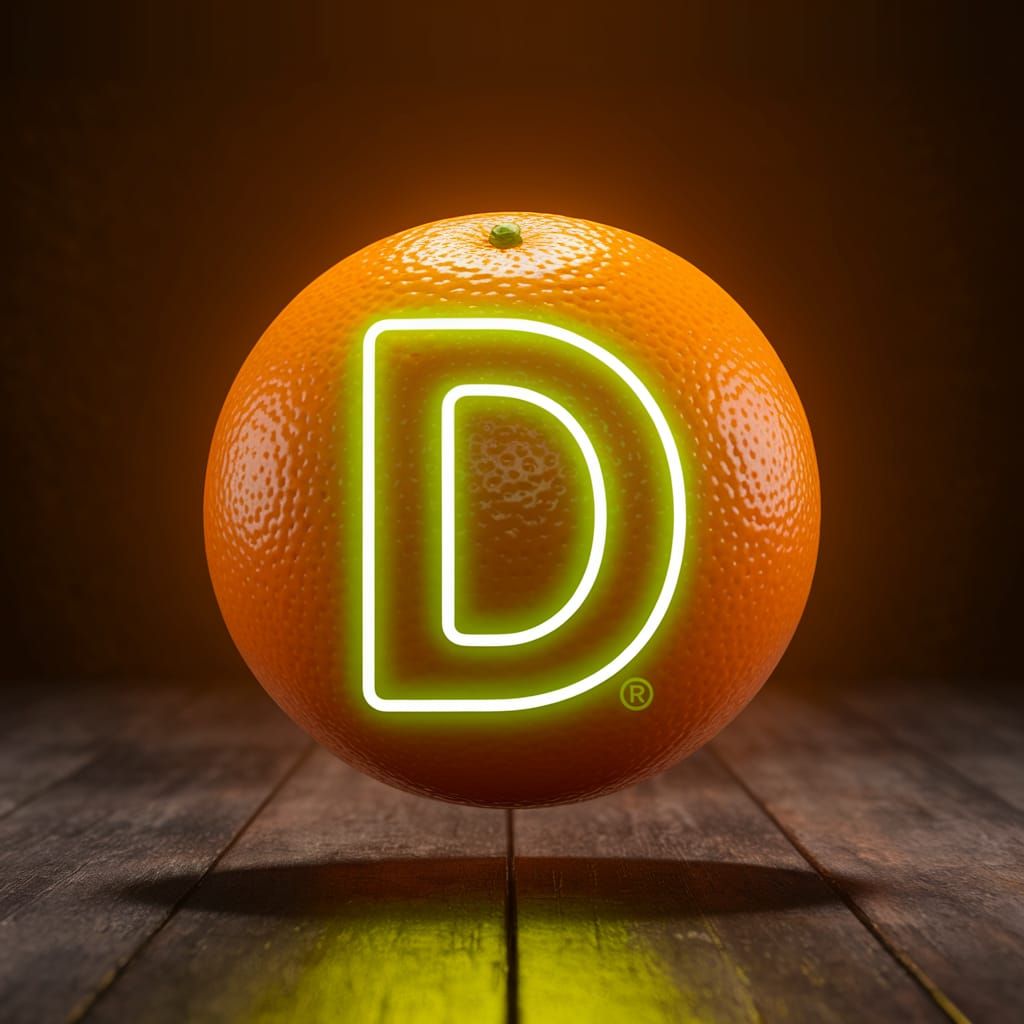 Vibrant Orange Fruit with Neon Green Lettering in Warm Light