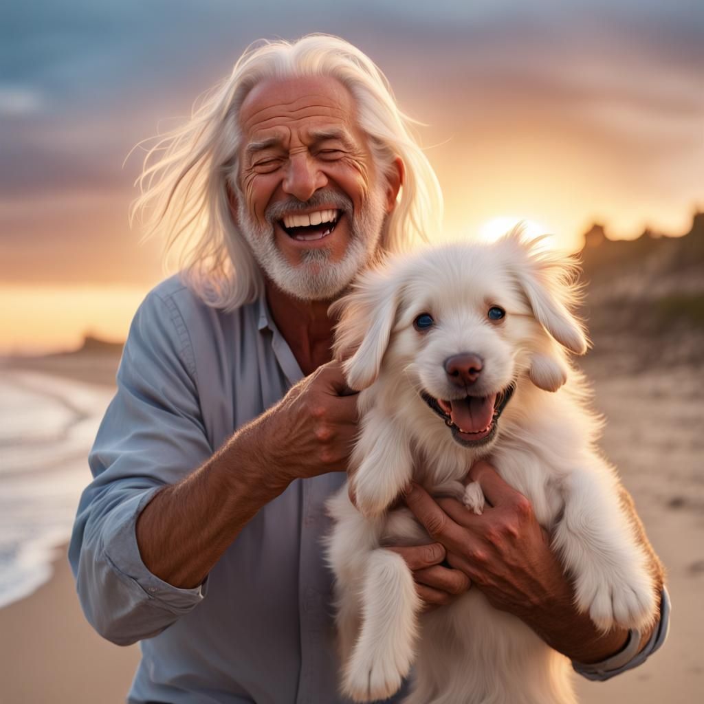 Joyful Man and Puppy at Sunset: Hyperrealistic Beach Scene