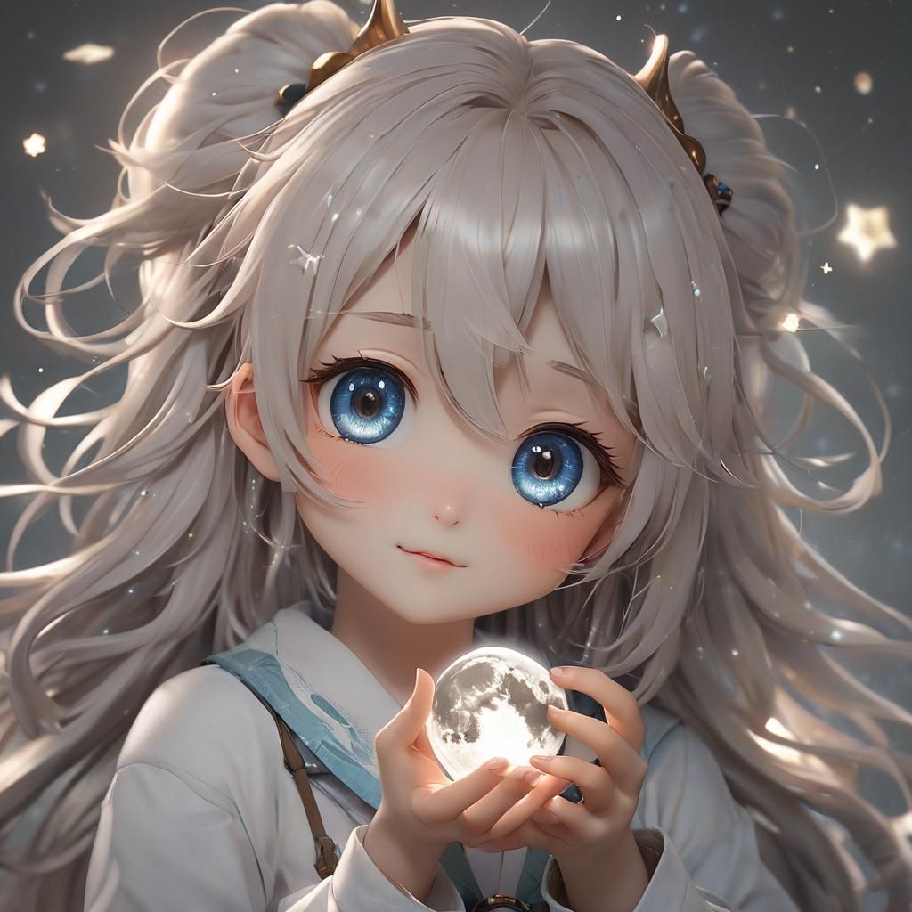 Anime Girl Holding Moon with Starry Eyes