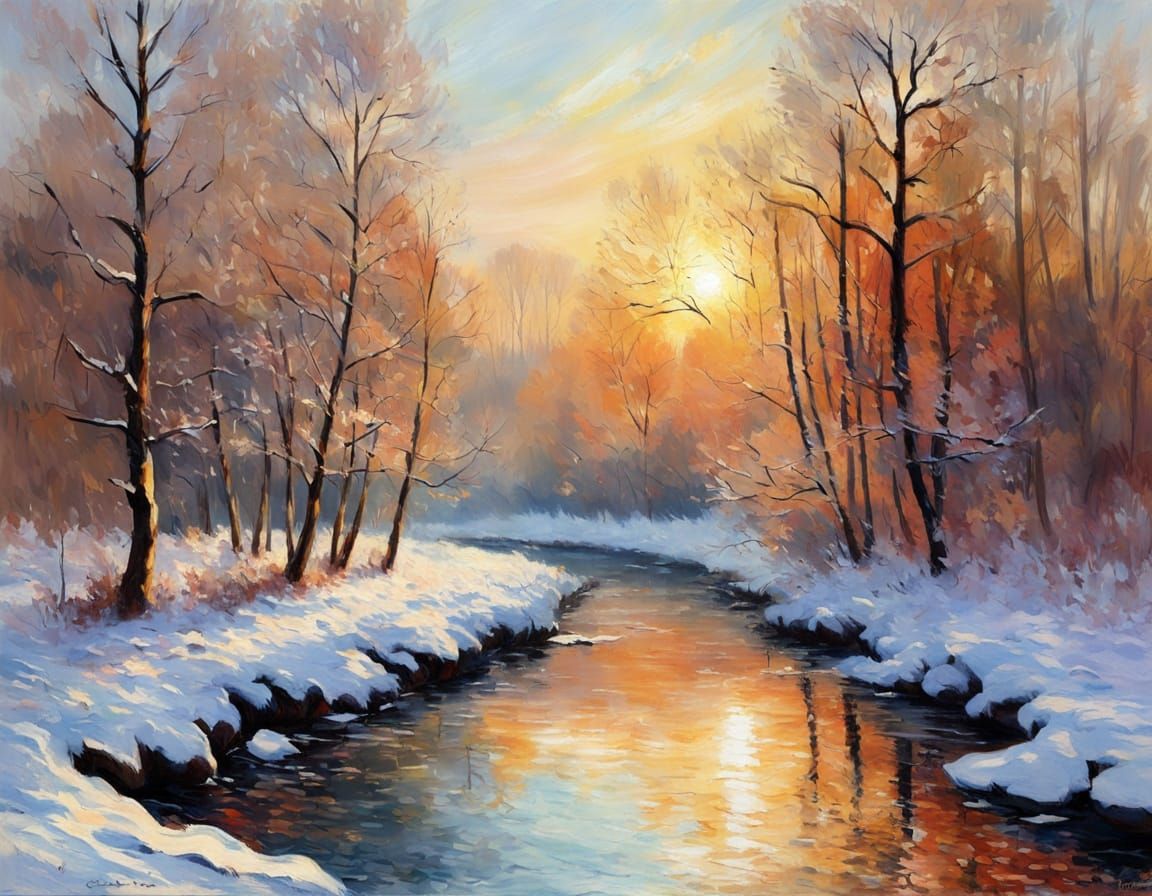Impressionist Winter Sunrise Over Forest River