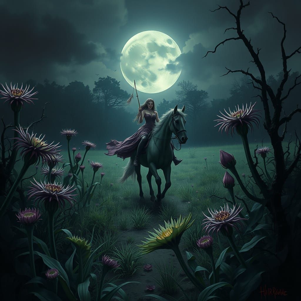 Gloomy Garden Landscape with Horse Rider
