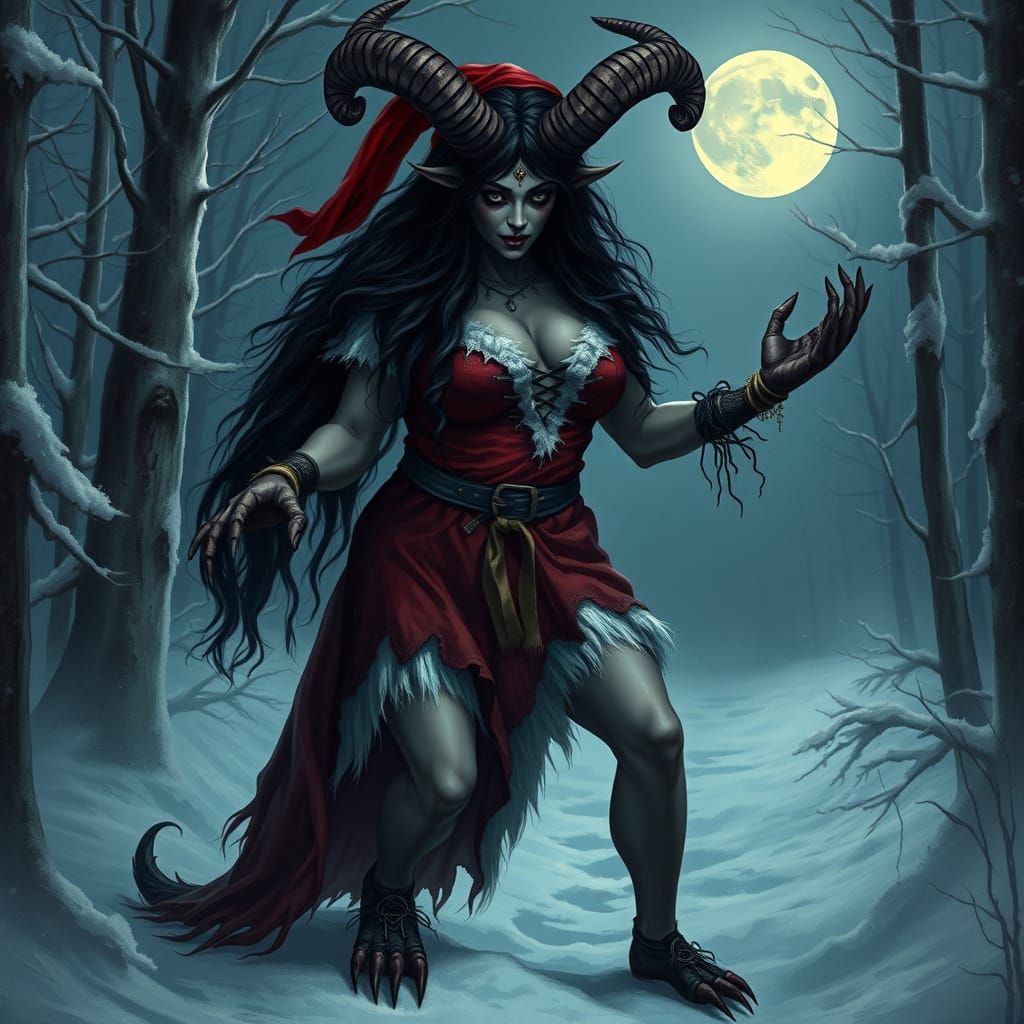 Voluptuous Krampus Woman Emerging from Snowy Woods