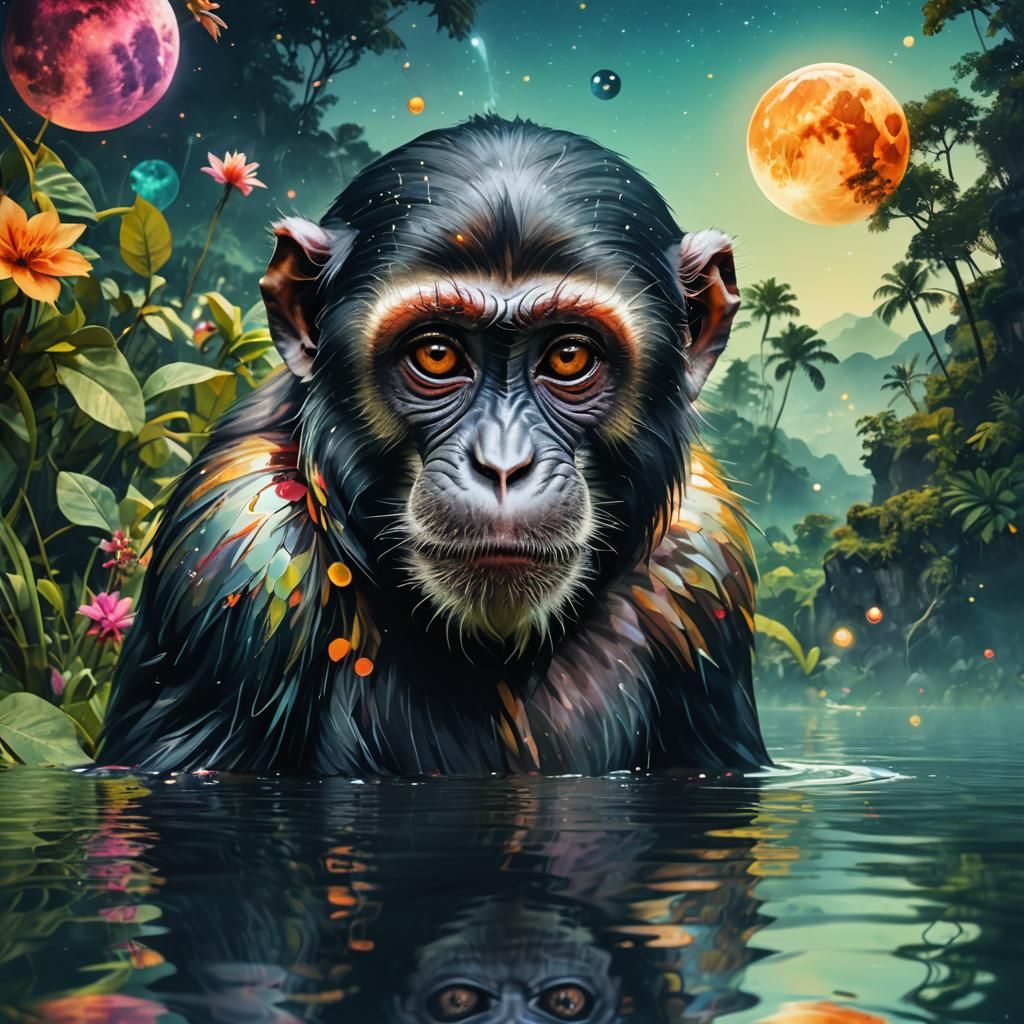 Double Exposure Monkey Portrait with Alien Landscape