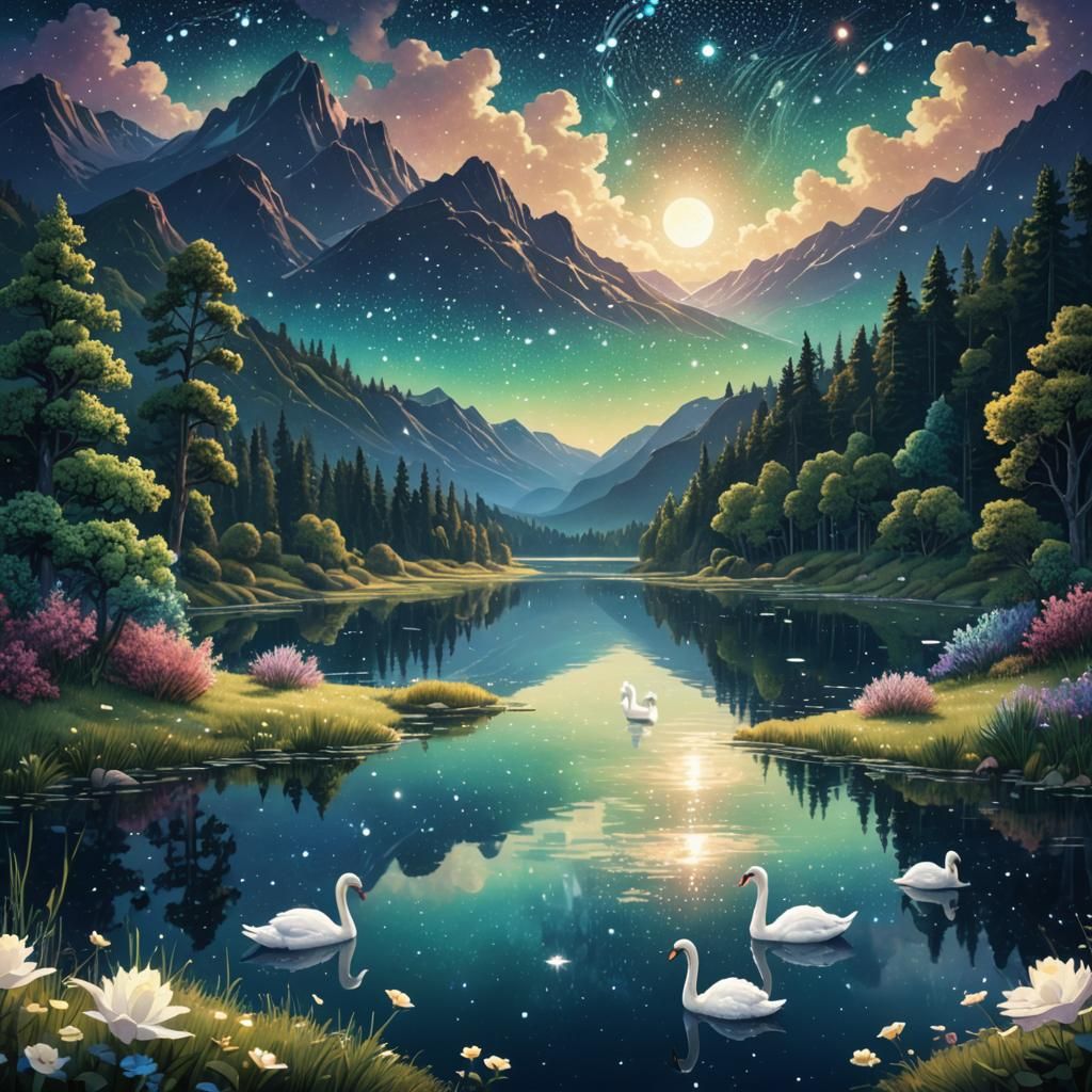 Pointillist Lake Under Starry Sky in Unreal Engine